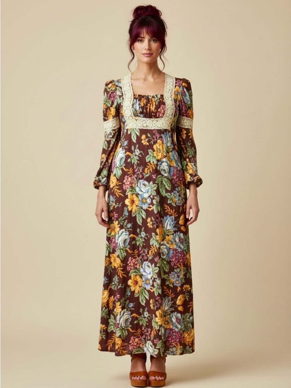 1970s Floral Boho Prairie Lace TrimRomantic Hippie Dress | XS S